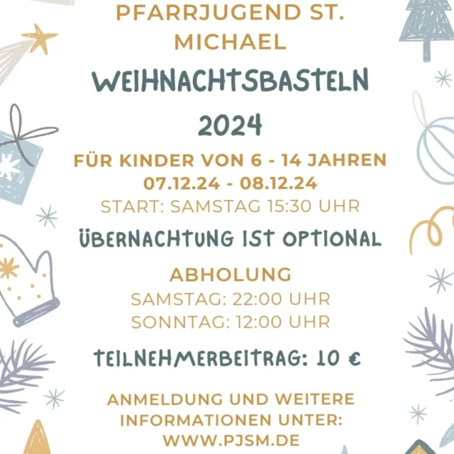Ja wir wissen es wird gerade erst so richtig herbstlich, aber die Kälte erinnert uns doch an manchen Tagen schon an den Winter🥶

Anstatt uns jetzt aber über das Ende des Sommers zu ärgern, schürt das doch nur die wohlig warme Vorfreude auf unser nächstes Highlight des Jahres: 

✨️Unser traditionreiches WEIHNACHTSBASTELN✨️

Sichert Euch jetzt schon einen der begehrten Plätze für das zweite Adventswochenende und meldet Euch an.
Ganz einfach auf unserer Website unter www.pjsm.de🤫

Es erwarten Euch viel Spiel und Bastelspaß, Besinnlichkeit und weihnachtliche Vorfreude, ganz nach Eurem Geschmack mit oder auch ohne Übernachtung☺️💫

Wir freuen uns jetzt schon riesig auf Euch🎄

Von Herzen,

Eure PJSM❤️